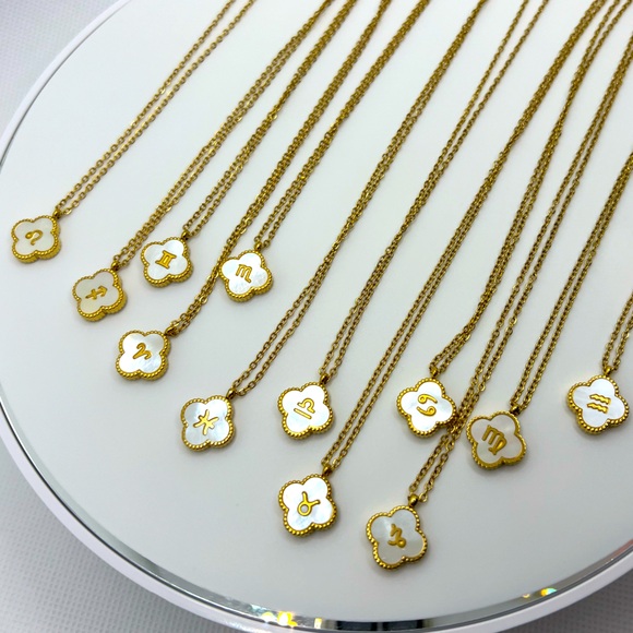 Jewelry - N334 Reversible Clover Rainbow MotherofPearl ZODIAC Necklace 18K YGoldStainless